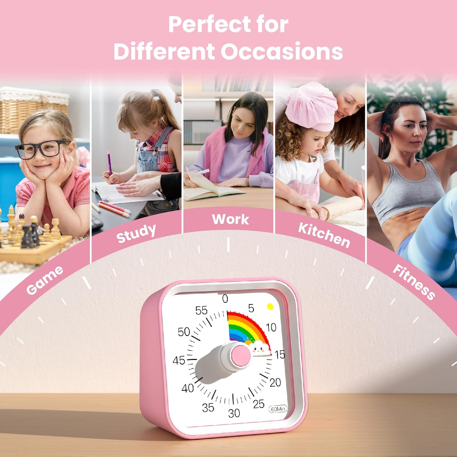 Visual Timer for Kids with Pause Function, Cute Silent Timer with Rainbow for Classroom, Teaching, Task, Kitchen, 60 Minute Countdown Time Management for ADHD (Rainbow Pink)