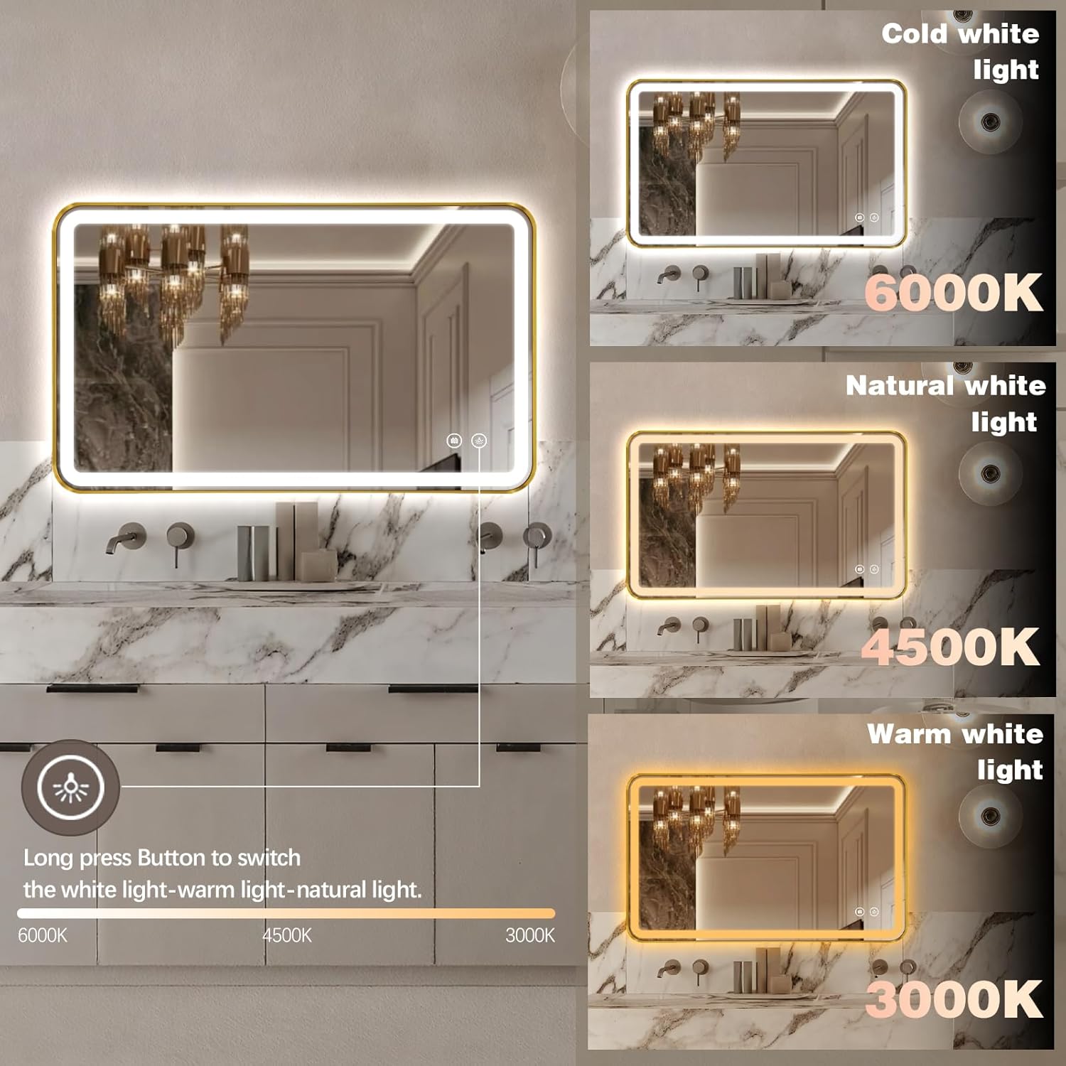 40"x24" Lighted Vanity Mirror with Lights, Gold Metal Frame Led Mirror for Bathroom, Anti-Fog Wall Mirror with Front and Backlit, Shatterproof, 3 Colors Stepless Dimmable, Horizontal/Vertical