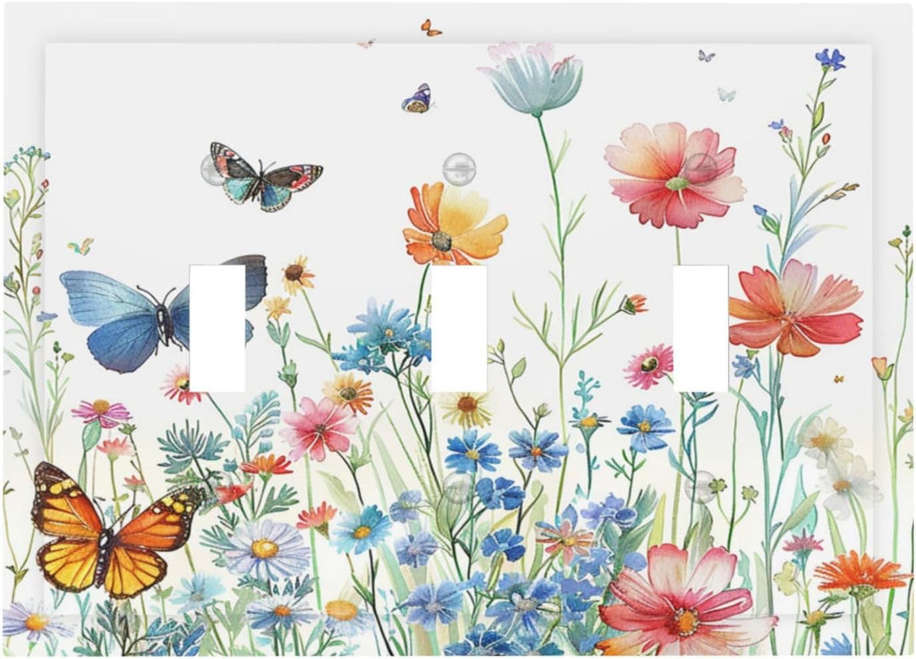 Decorative Light Switch Cover Plate Rustic Wildflower Blue Pink Floral Butterfly 3 Gang Wall Plates for Electrical Outlets Triple Toggle Switch Plate Covers Outlet Covers for Home Decor