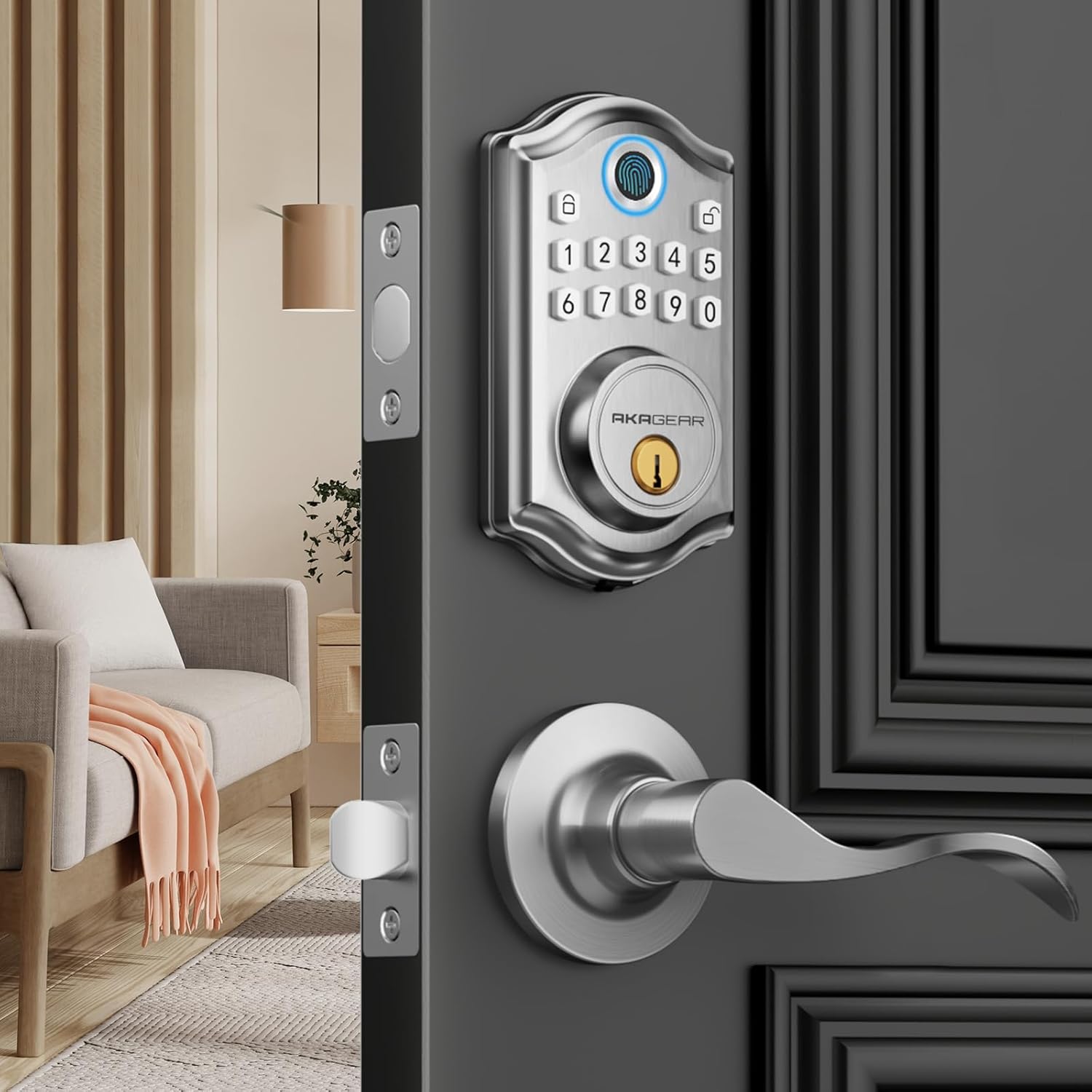 DS10 Keyless Entry Door Lock with 2 Lever Handle, Fingerprint, Keypad Code, 2 Keys, Smart Locks for Front Door, Bedroom, One-time Code, Auto-Lock, Easy Installation - Satin Nickel