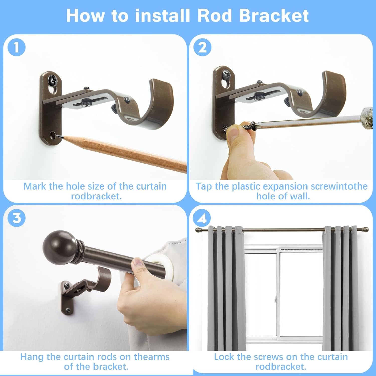 Curtain Rods for Windows 16 to 92 Inches, Curtain Rod Max Adjustable Length of 104 IN, 1" Diameter Drapery Rods Round Finials, Brown, Pack of 1