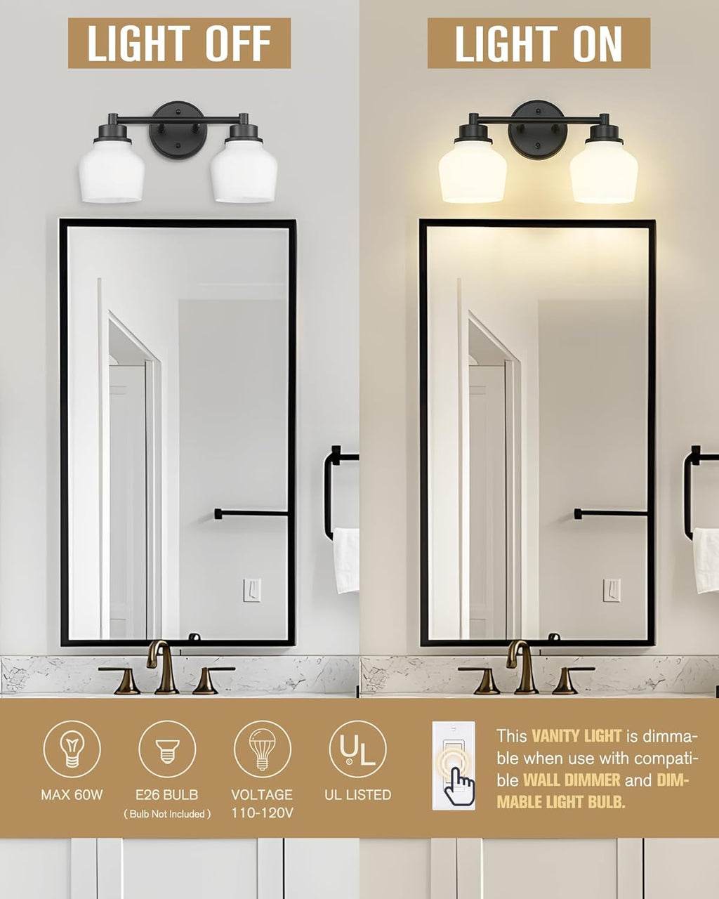 Emak 2-Light Vanity Light, Modern Farmhouse Black Bathroom Fixture Over Mirror With Milk Glass Shade, VL122-BK-ML-2