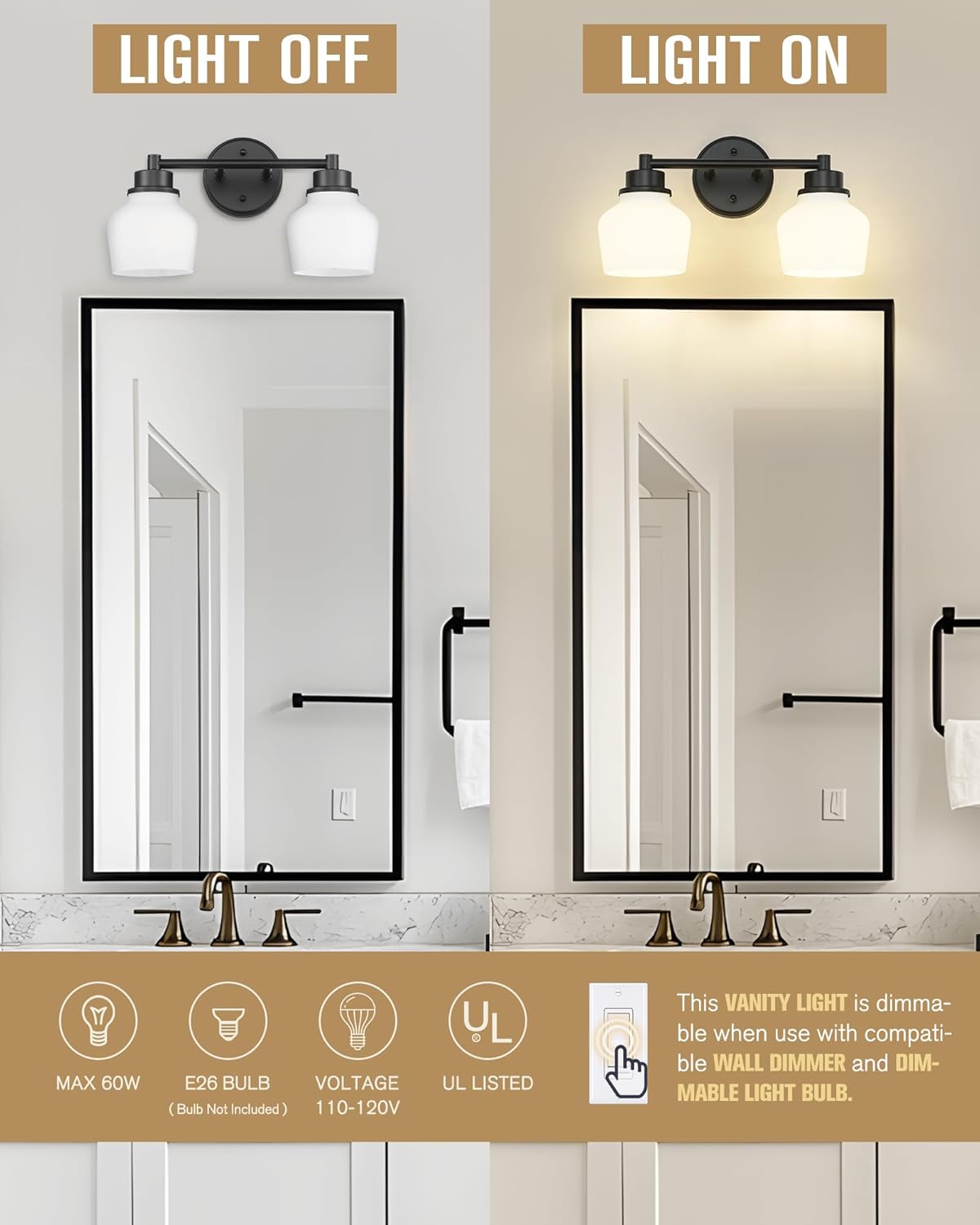 Emak 2-Light Vanity Light, Modern Farmhouse Black Bathroom Fixture Over Mirror With Milk Glass Shade, VL122-BK-ML-2