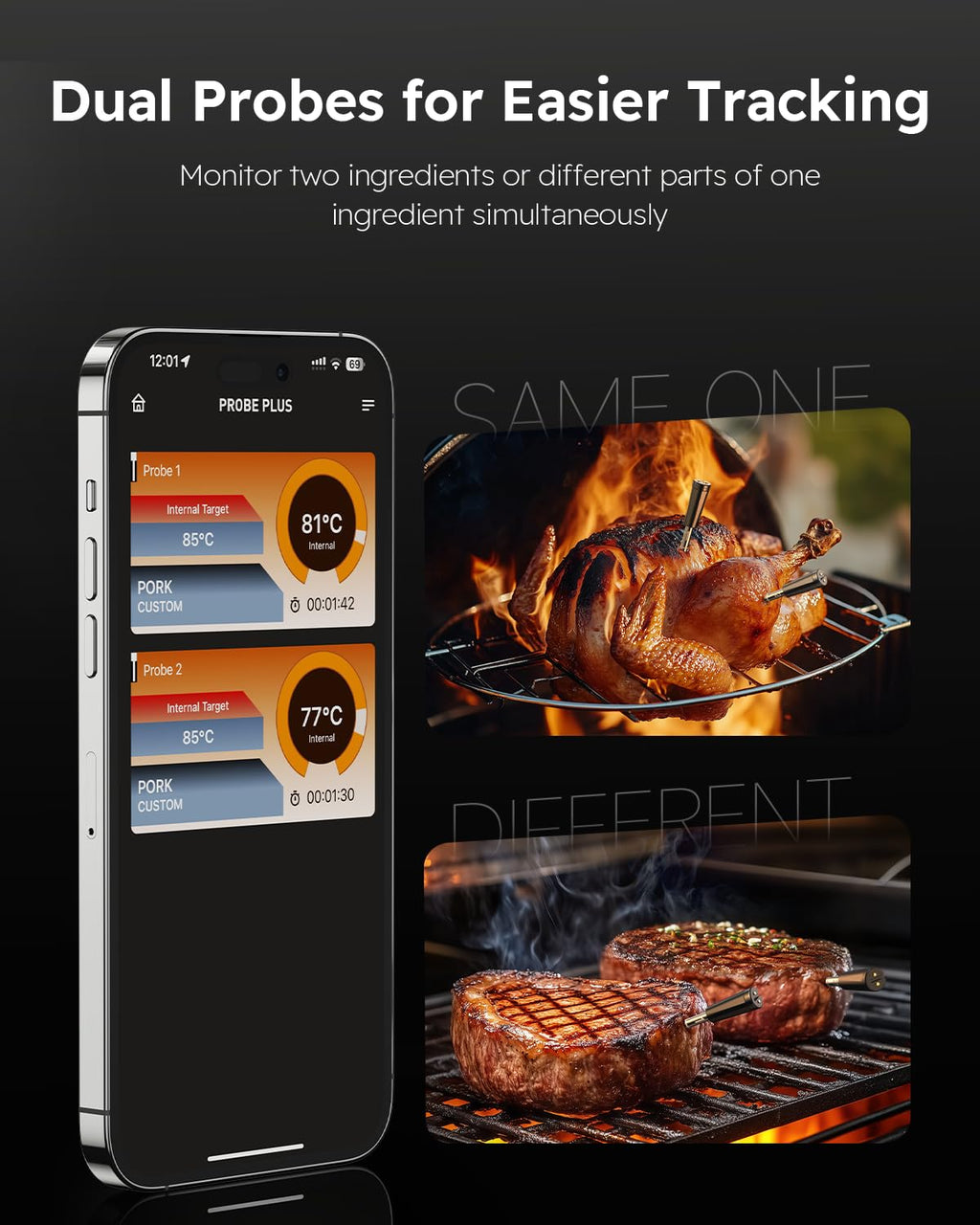 Wireless Meat Thermometer with App Control, 600FT Bluetooth Range, Dual Probes & 6 Sensors, 0.5S Instant Read, LCD Display, IP67 Waterproof Real-Time Monitoring & Smart Alerts for BBQ, Grill, Oven