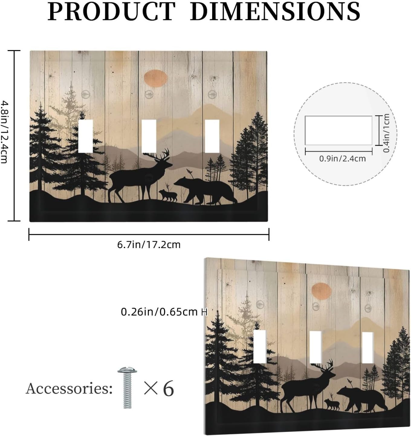 Decorative Switch Plates Wood Board Wildlife Cute Bear Deer Forest Rustic 3 Gang Wall Plate Triple Toggle Light Switch Cover Faceplate Electrical Wall Panels for Bathroom Farmhouse Decor