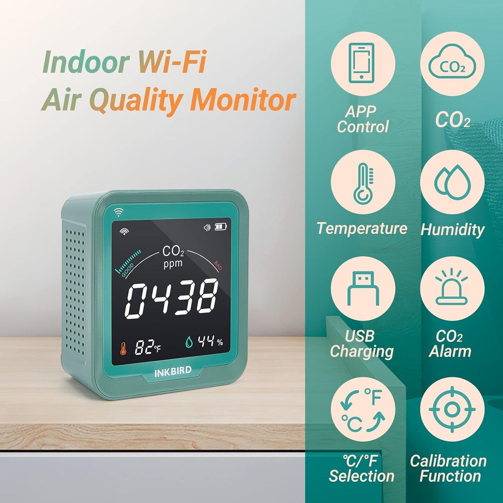 INKBIRD WiFi CO2 Detector Battery Powered | Smart CO2 Monitor NDIR Sensor and Data Logger | Carbon Dioxide & Temperature & Humidity Air Quality Monitor Indoor | for Home, Office, Grow Tent (INK-CO2W)