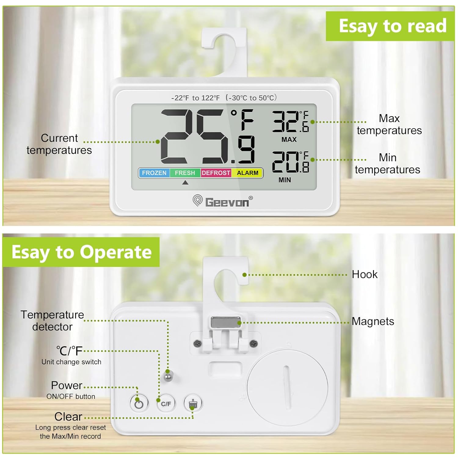 Geevon Digital Refrigerator Thermometer,IP65 Waterproof Fridge and Freeze Thermometer with Magnetic Back Large LCD,Max/Min Record Function for Home,Commercial (White-1Pack)