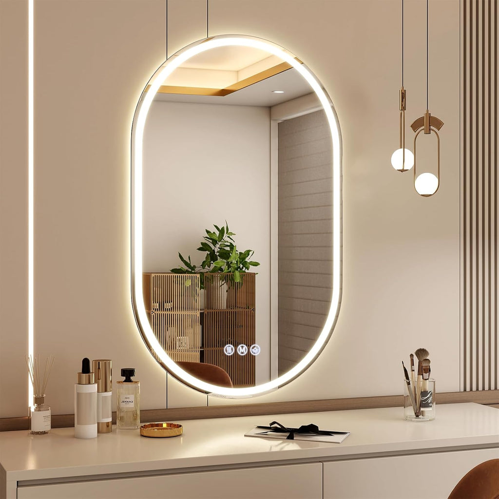BEAUTYPEAK 36x24 LED Oval Bathroom Mirror with Lights, Anti-Fog, Dimmable, Backlit + Front Lit, Lighted Bathroom Vanity Mirror for Wall, 3 Colors, Memory Function, Tempered Glass, Shatter-Proof