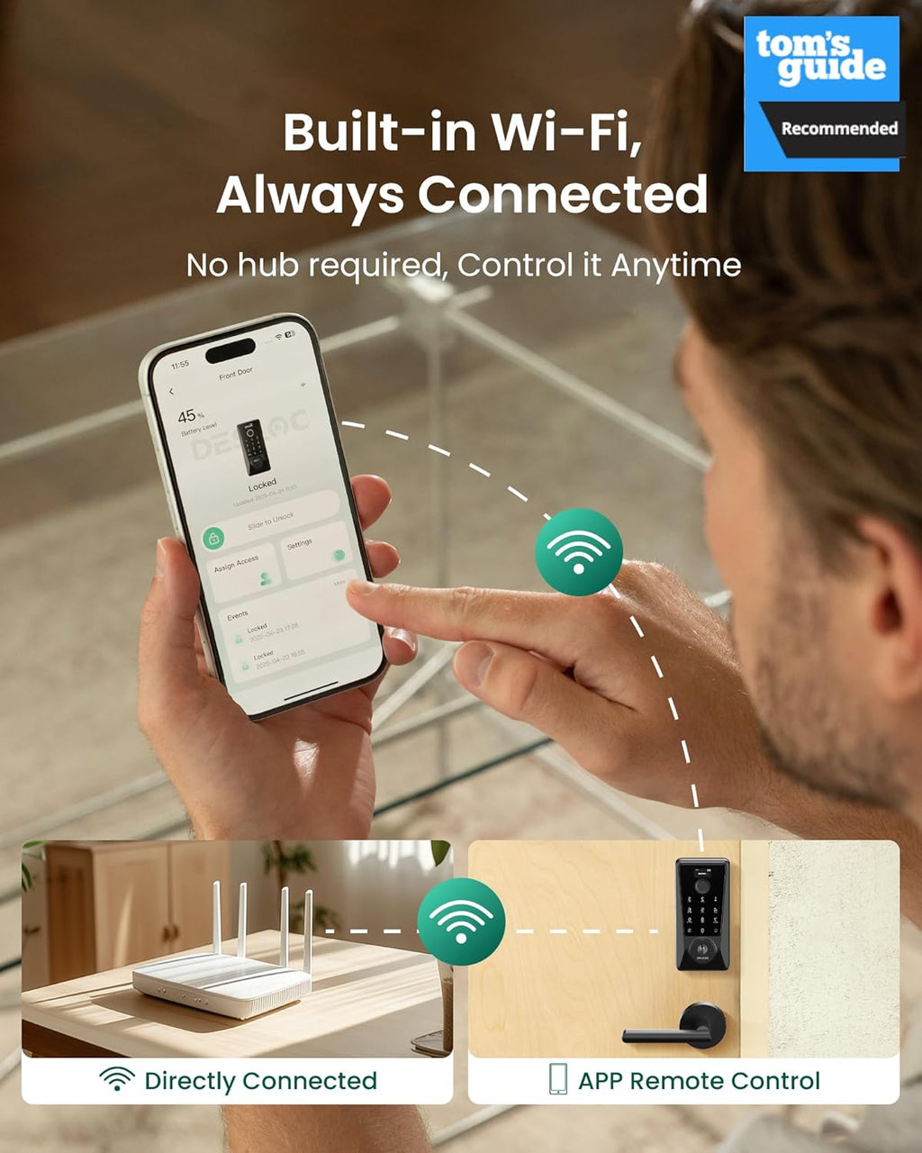 DESLOC D110 Plus Built-in Wi-Fi Smart Lock with 2 Lever Handles, Fingerprint Keyless Entry Door Lock Set, Touchscreen Keypad Deadbolt with Backlit, Remote Control, BHMA 3, IP54 Waterproof, Auto Lock