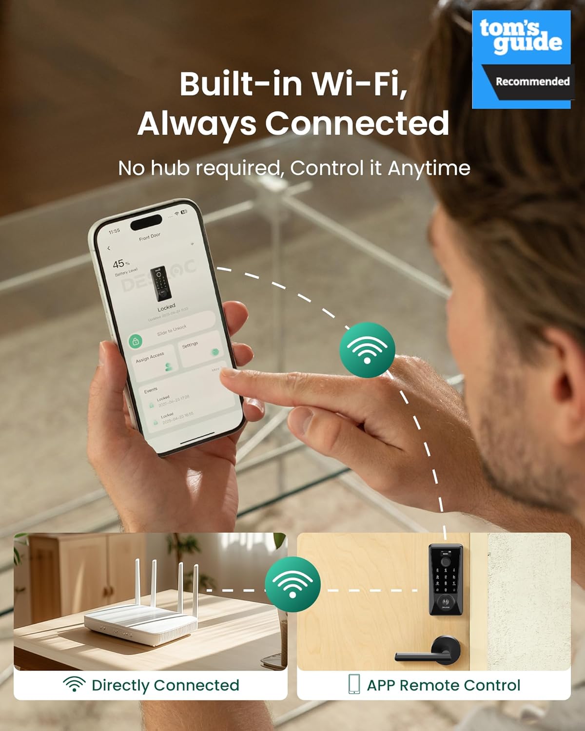DESLOC D110 Plus Built-in Wi-Fi Smart Lock with 2 Lever Handles, Fingerprint Keyless Entry Door Lock Set, Touchscreen Keypad Deadbolt with Backlit, Remote Control, BHMA 3, IP54 Waterproof, Auto Lock