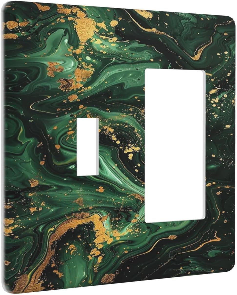 Green/Gold Modern Abstract Luxury Marble 2 Gang Combo 1 Toggle 1 Rcoker Light Switch Covers Decorative Switch Plates Electrical Switch Plates and Outlet Covers for Home Art Decor 4.5 X 4.5 IN