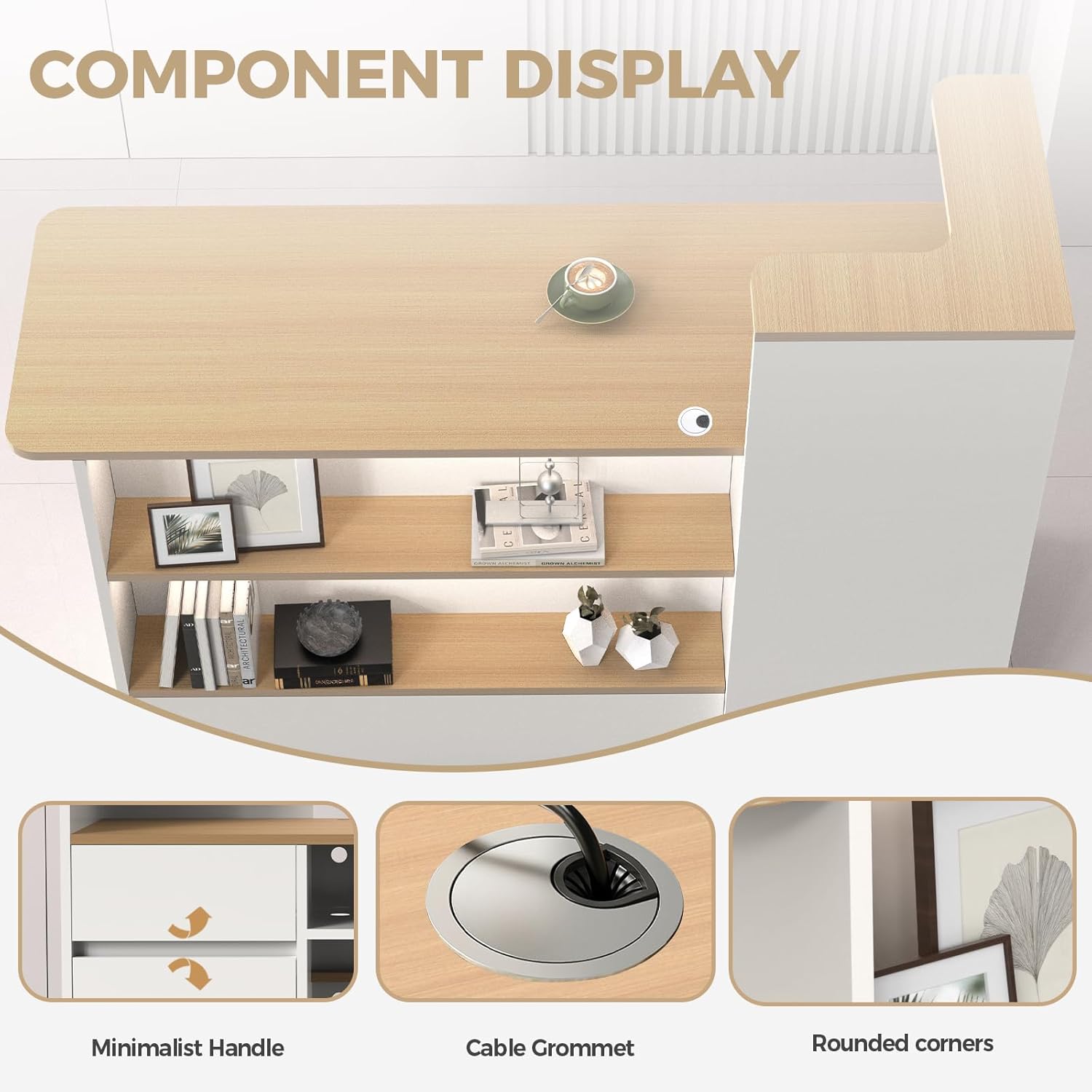 Modern Reception Desk with LED Lights - 47" Front Desk Reception Counter with Dual Display Shelves & Hidden Cable Management, Lockable Drawer & Storage Cabinet for Office, Salon, Spa, Retail, Left