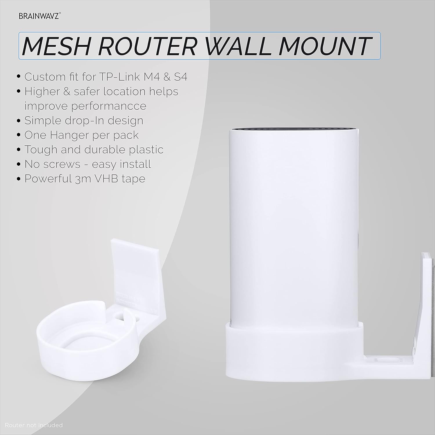 Adhesive Deco M4 & S4 Wall Mount Holder suitible for TP-Link WiFi Mesh, Strong VHB Tape Bracket, No Screws, Drilling & No Tools Needed, Easy to Install, White by Brainwavz (Single)