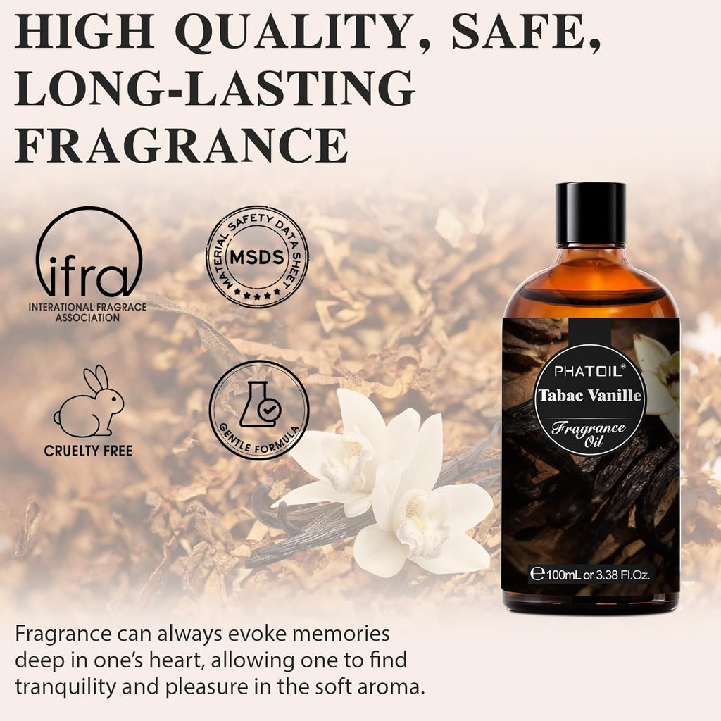 PHATOIL 3.38FL.OZ Tabac Vanille Fragrance Oils for Aromatherapy, Essential Oils for Diffusers for Home, Perfect for Diffuser, Yoga, Skin Care, DIY Candle and Soap Making - 100ml