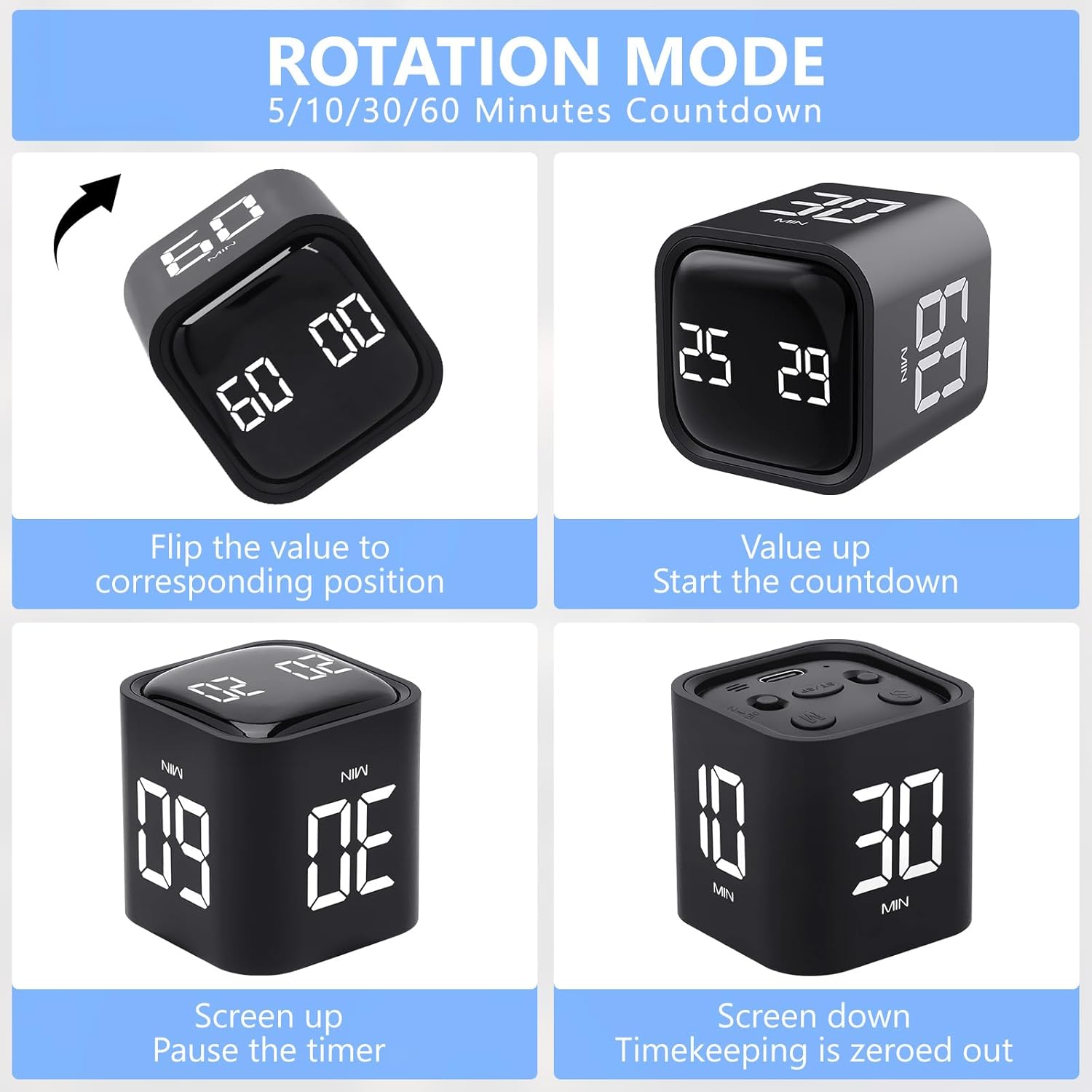Digital Cube Productivity Timer - Rotating Pomodoro Timer with Gravireceptor 5-10-30-60 Min Custom Countdown, Vibration & Adjustable Volume for Learning Office Kitchen Desk, Black