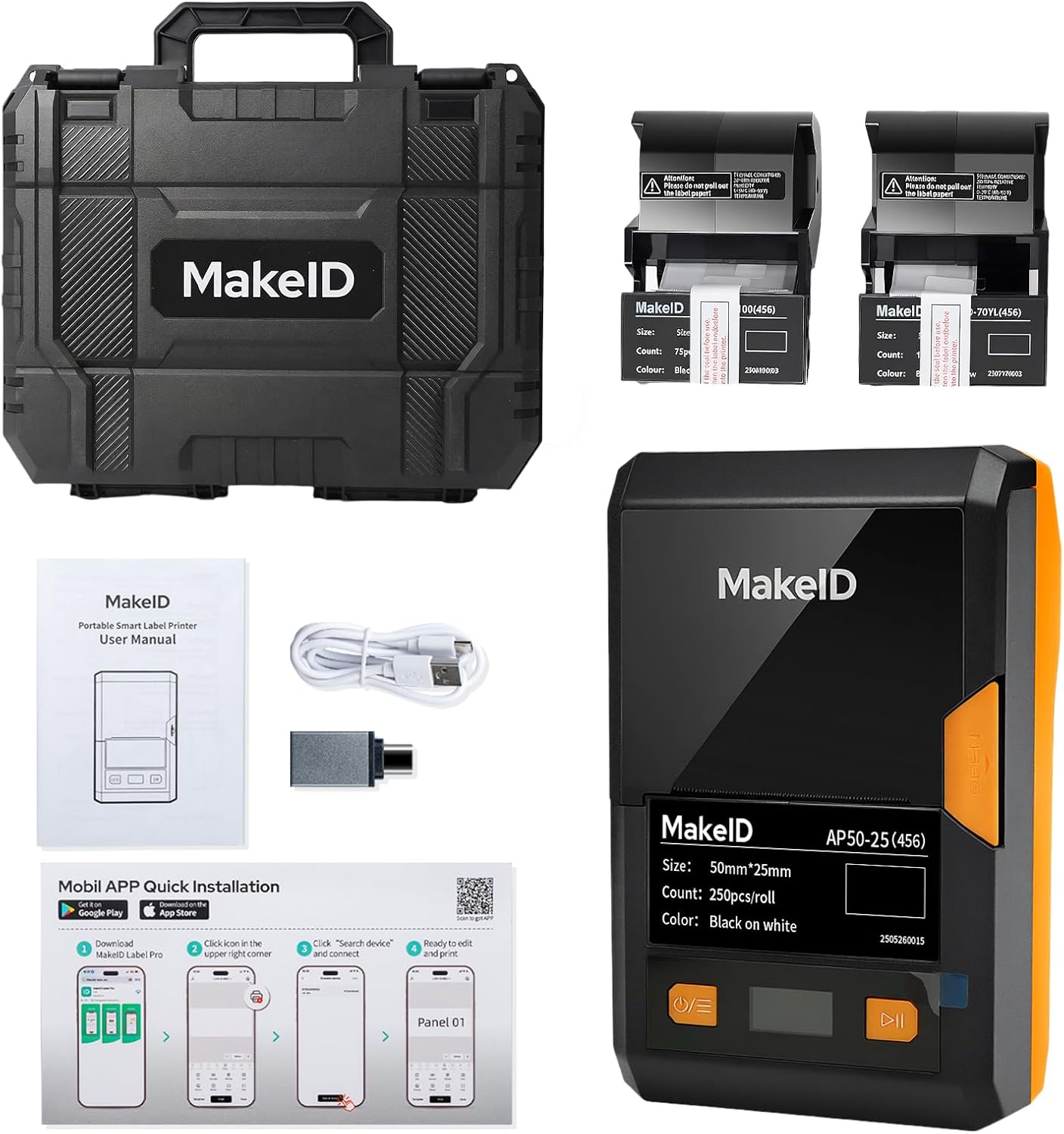 MakeID EP53 Label Maker with Hard Case, Portable Industrial 2" Print Head Bluetooth Label Printer, Mobile APP & PC Editor Compatible, 2000mAh Li-ion Battery, Come with 3 Label Cartridges for Job Sites