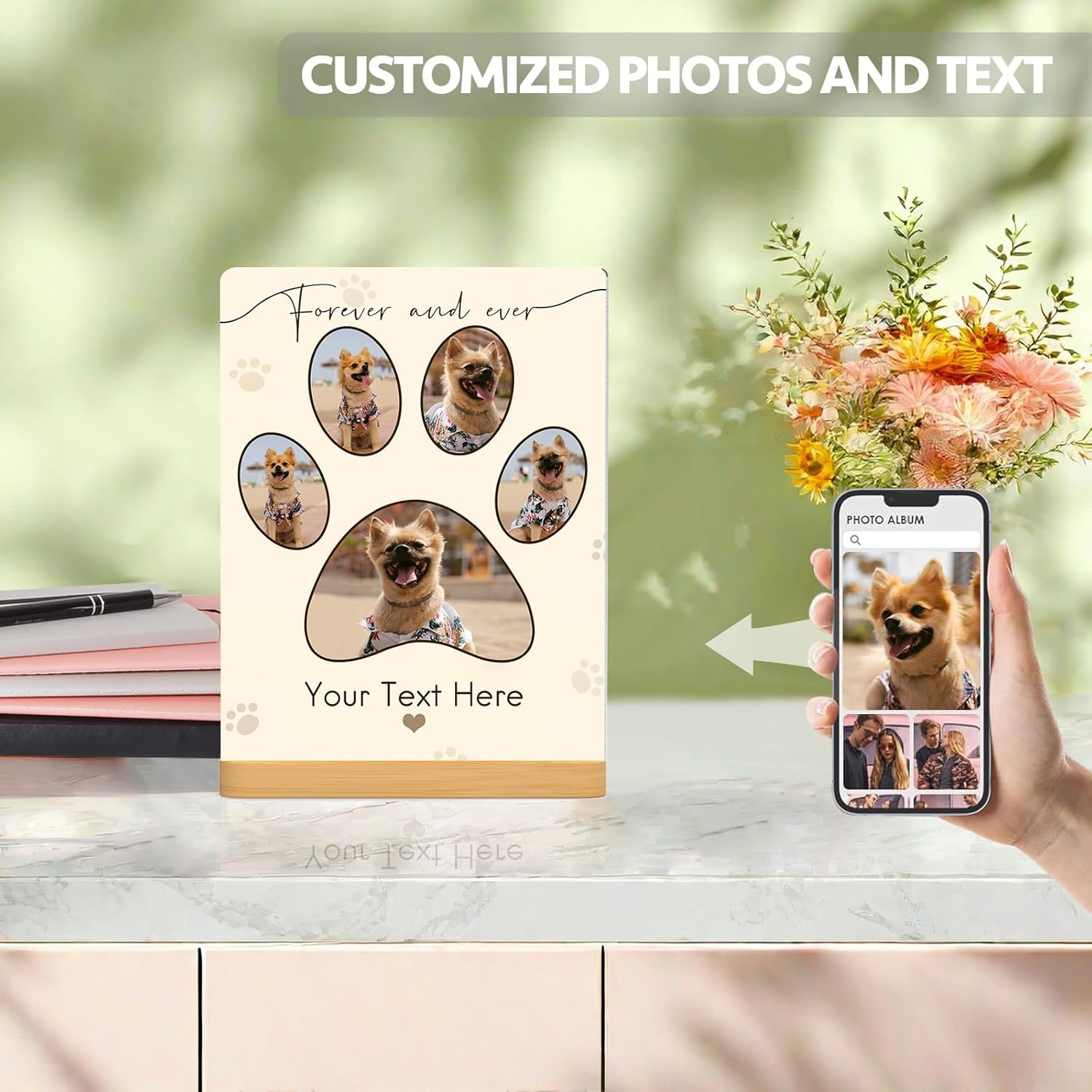 Custom Photo Prints - Metal Desktop Picture Frame with Photos & Text & Wooden Base Personalized Gifts for Cats Dogs and Pets, Optional Multiple Sizes
