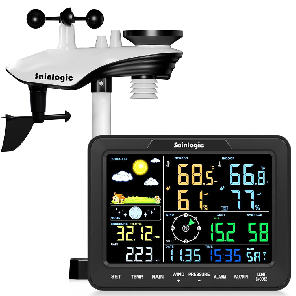 Sainlogic SA68 Home Weather Station with Weather Stations Wireless Indoor Outdoor and Rain Gauge Outdoor for Temperture,Humidity,Forecast,Pressure,Moon Phase,Alarm Clock for Bedroom,Black(No WiFi)
