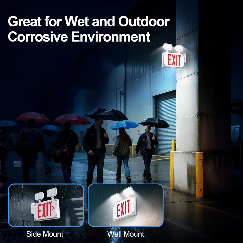 Wet Location Emergency Exit Signs with Adjustable Lights Battery Backup, UL Listed Double Face Exterior Led Exit Sign Combo, Hardwired Waterproof Red Exit Light, AC120/277V, Wall/Side Mount (2 Pack)