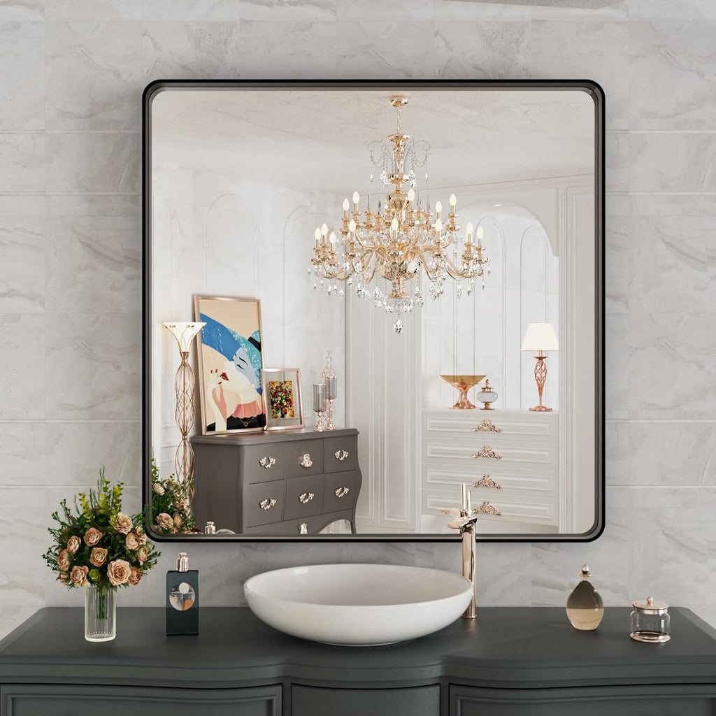 Black Metal Framed Bathroom Mirror 38X38 Inch,Matte Black Vanity Mirror,Tempered Glass,Round Corner,Farmhouse,Decorative Wall Mounted Rectangle Mirror