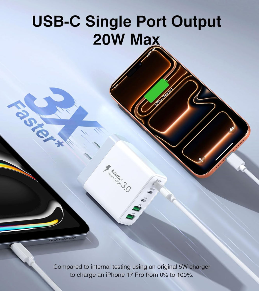 USB C Charger Block, [2-Pack] 60W 5-Port Fast Charger 20W Type C Charging Block 3.1A USB Wall Charger Dual Port PD+QC Charging Cube for iPhone 17 16 15 14 13 12 Pro Max XS, iPad, Samsung Phone, Tablet