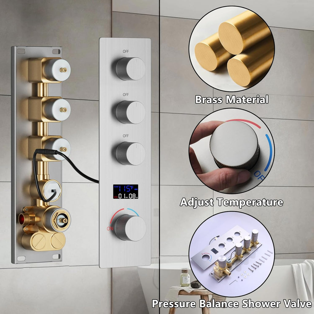 Triple Function Shower Diverter Digital Display Shower Mixer Valve Kit Replacement Temperature Control Valve with Individual On Off Flow Control Shower Valve, Brushed Nickel