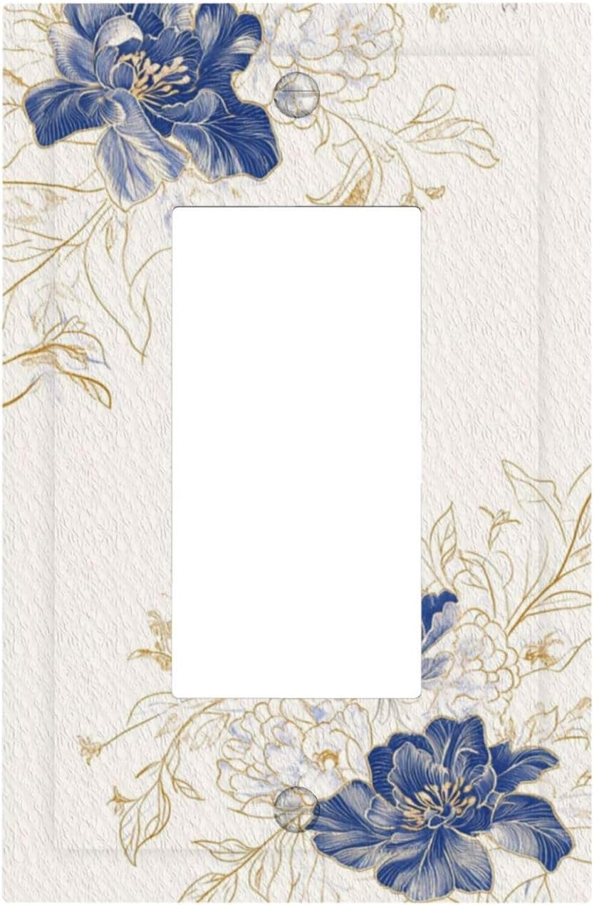 Decorative Outlet Covers Rustic Blue Flower Floral Gold Leaf 1 Gang Rocker Light Switch Cover Plate Single Wall Plates for Electrical Outlets Switch Plate Covers Faceplate for Home Decor