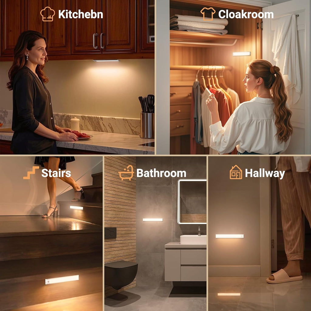 Under Cabinet Lights, Motion Sensor Magnetic LED Light, 8 inch 1000mAh Rechargeable Battery Dimmable Lights with 3 Color Temps, Indoor Wireless Lighting for Kitchen, Closet, Pantry, Counter, 4 Pack