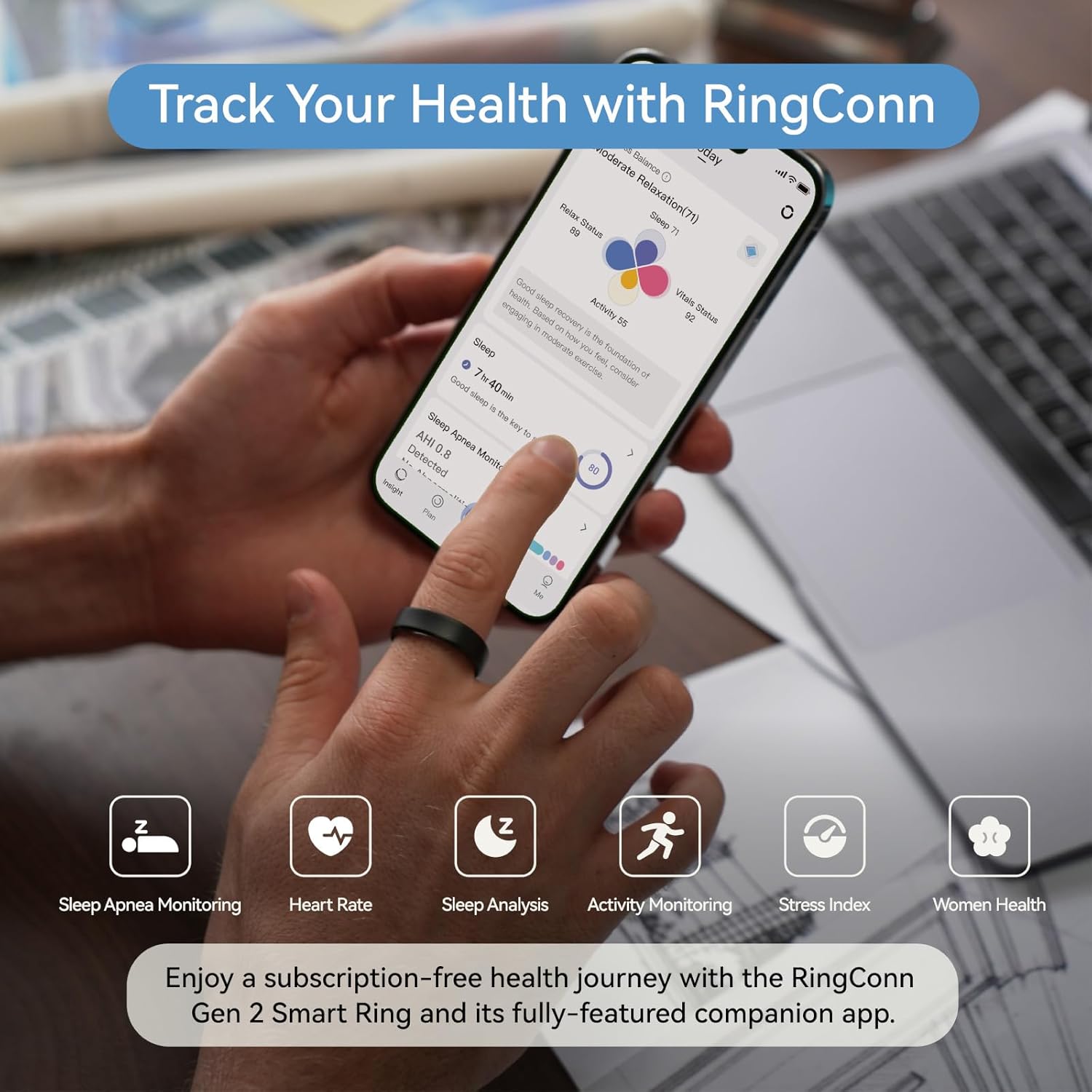 RingConn Gen 2, World’s First Smart Ring with Sleep Apnea Monitoring, No APP Subscription, 12-Day Battery Life, Stress/Heart Rate/Women's Health Tracker, Android & iOS Compatible (Black, Size 10)