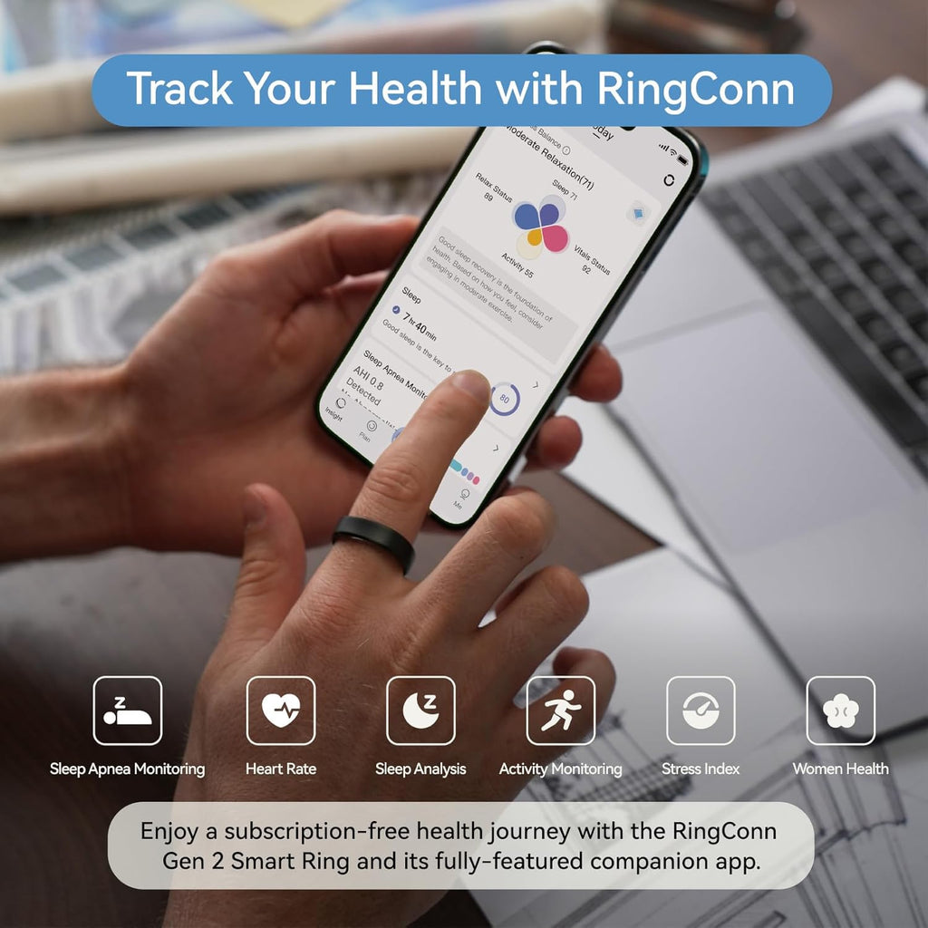 RingConn Gen 2, World’s First Smart Ring with Sleep Apnea Monitoring, No APP Subscription, 12-Day Battery Life, Stress/Heart Rate/Women's Health Tracker, Android & iOS Compatible (Black, Size 7)