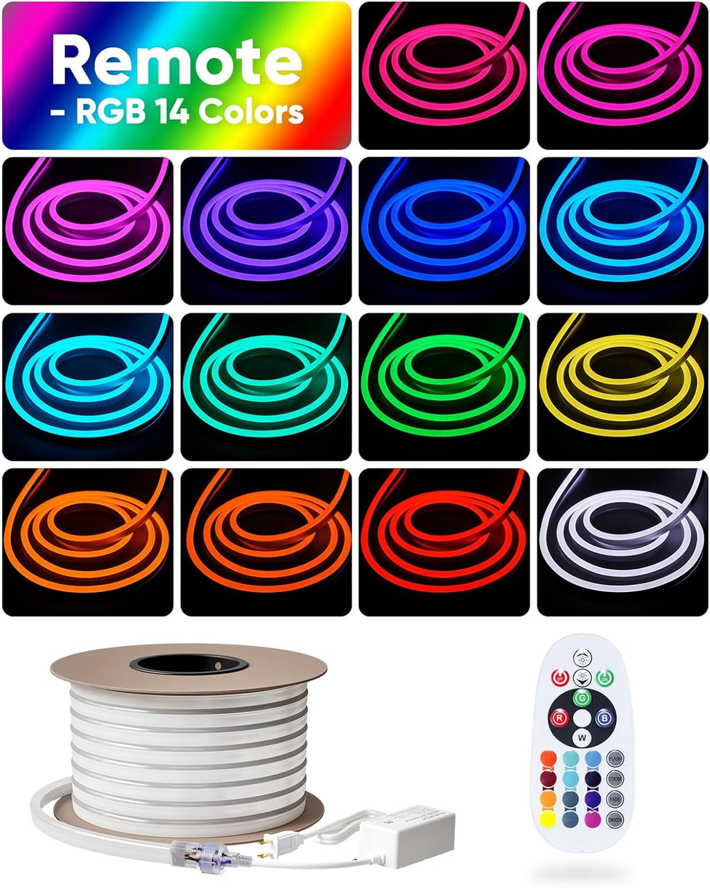 Shine Decor LED RGB Neon Rope Lights AC 120V, Expandable & Cuttable Bright Strip Lighting with Remote, Dimmable Color Changing, ETL Cold-Resistant & IP65 Waterproof for in&Outdoor, 10x20mm, 98.4FT