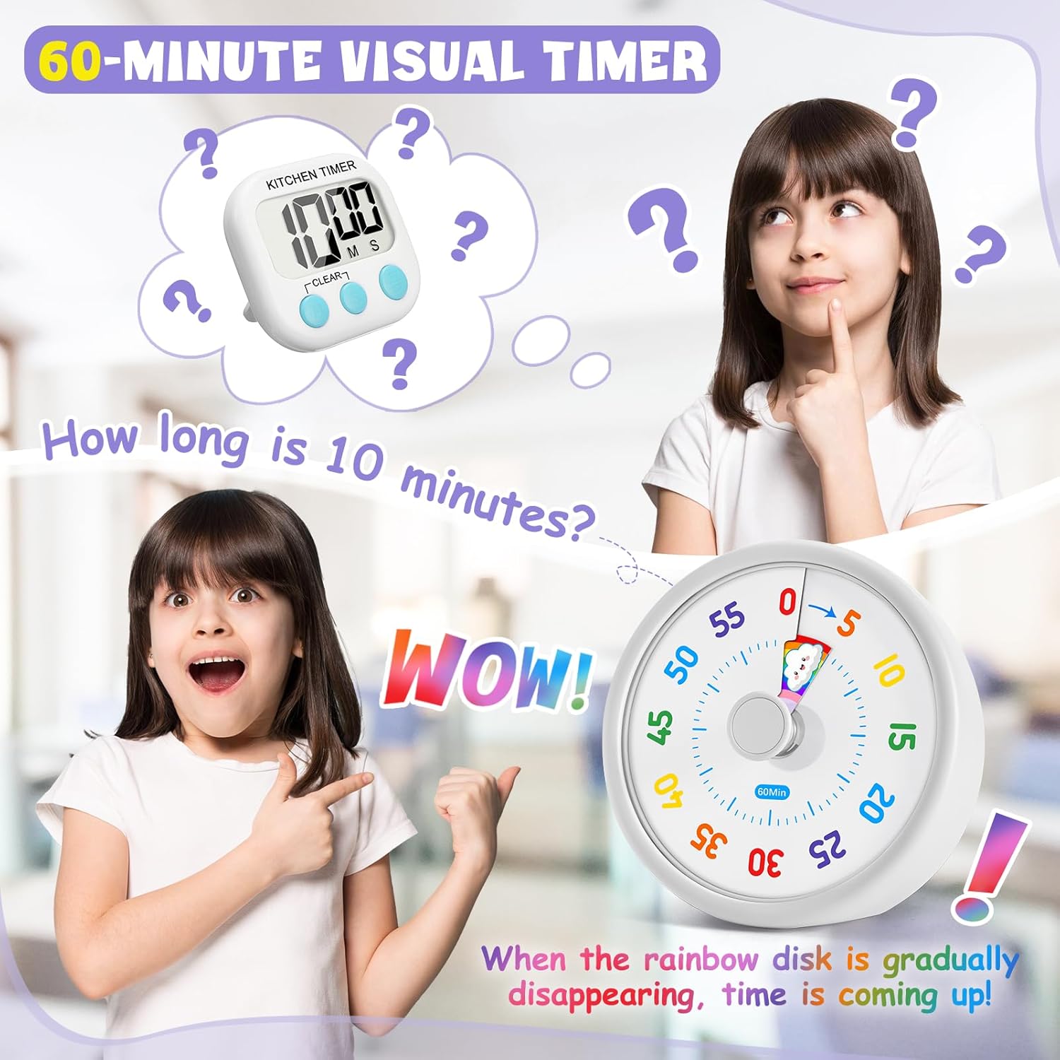 HIPPIH Visual Timer for Kids, 60 Minute Countdown Timers for Classroom Kitchen Office, Rainbow Disk Desk Timer Clock with Silent Operation, Pomodoro Timer Time Management Tools for Toddler ADHD White