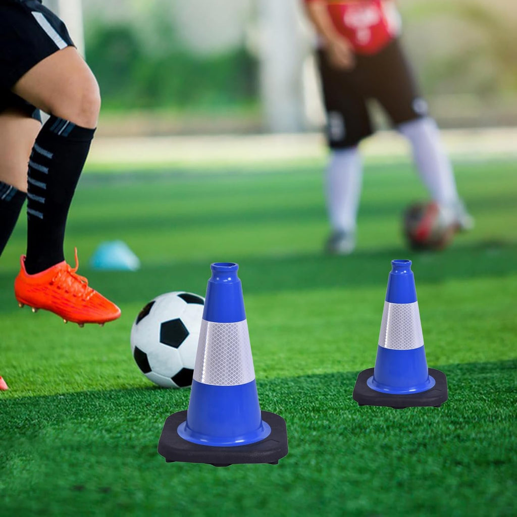 4 Pack 12 Inch Blue PVC Traffic Cones Black Base, Sport Training Cones for Soccer Drills, Kids Outdoor Play, Indoor Gym Activities (4, Blue, 12 Inch)