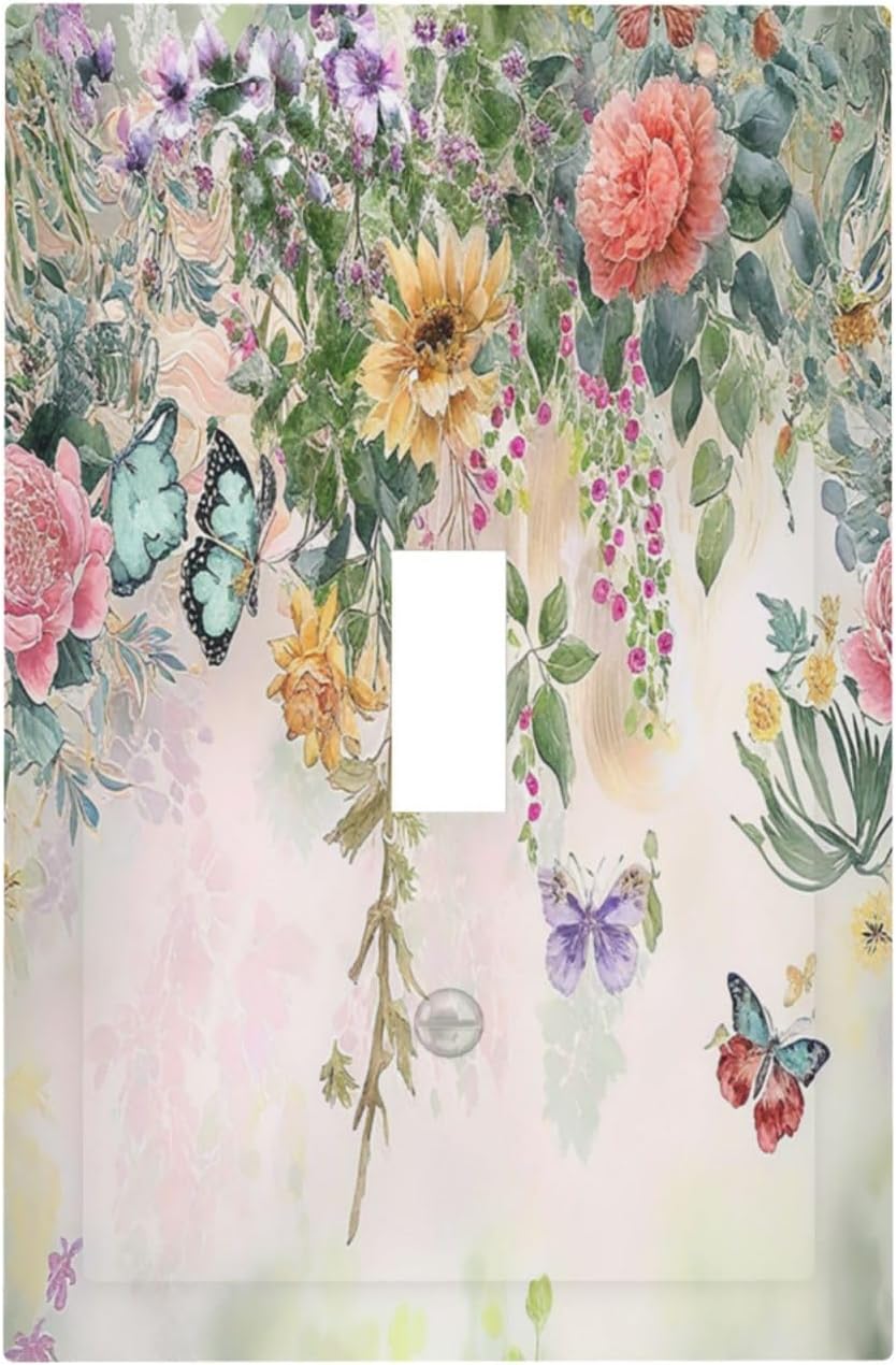 Rustic Floral Watercolor Flower Blossom Butterfly Single Toggle Light Switch Cover plate Outlet Cover Decorative Switchplate Wall Plates Electrical Panel Cover for Bathroom Living Room 5 X 3 IN