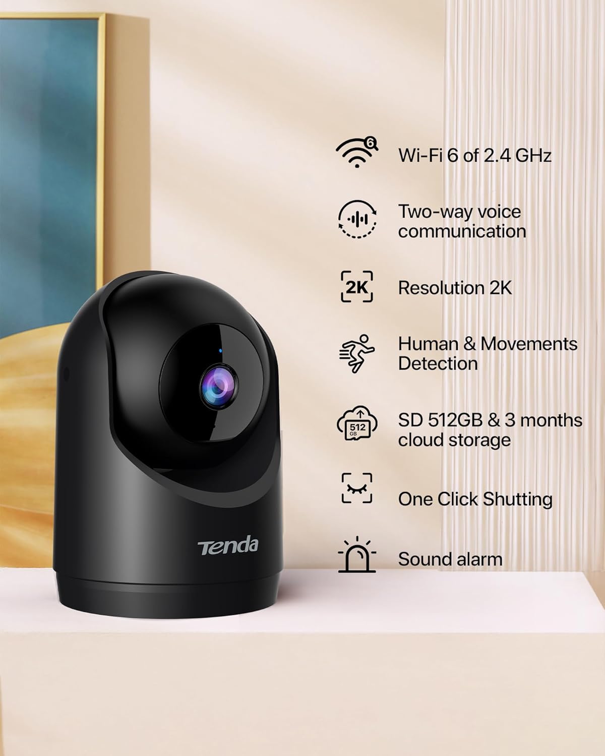 Tenda 2K Indoor Security Camera for Baby Monitor, WiFi 6 Pet/Dog Camera for Home Security, 360° Pan/Tilt, 2-Way Audio, Motion Detection, Night Vision, Cloud & SD Card Storage, Black(CP3-V3.0)