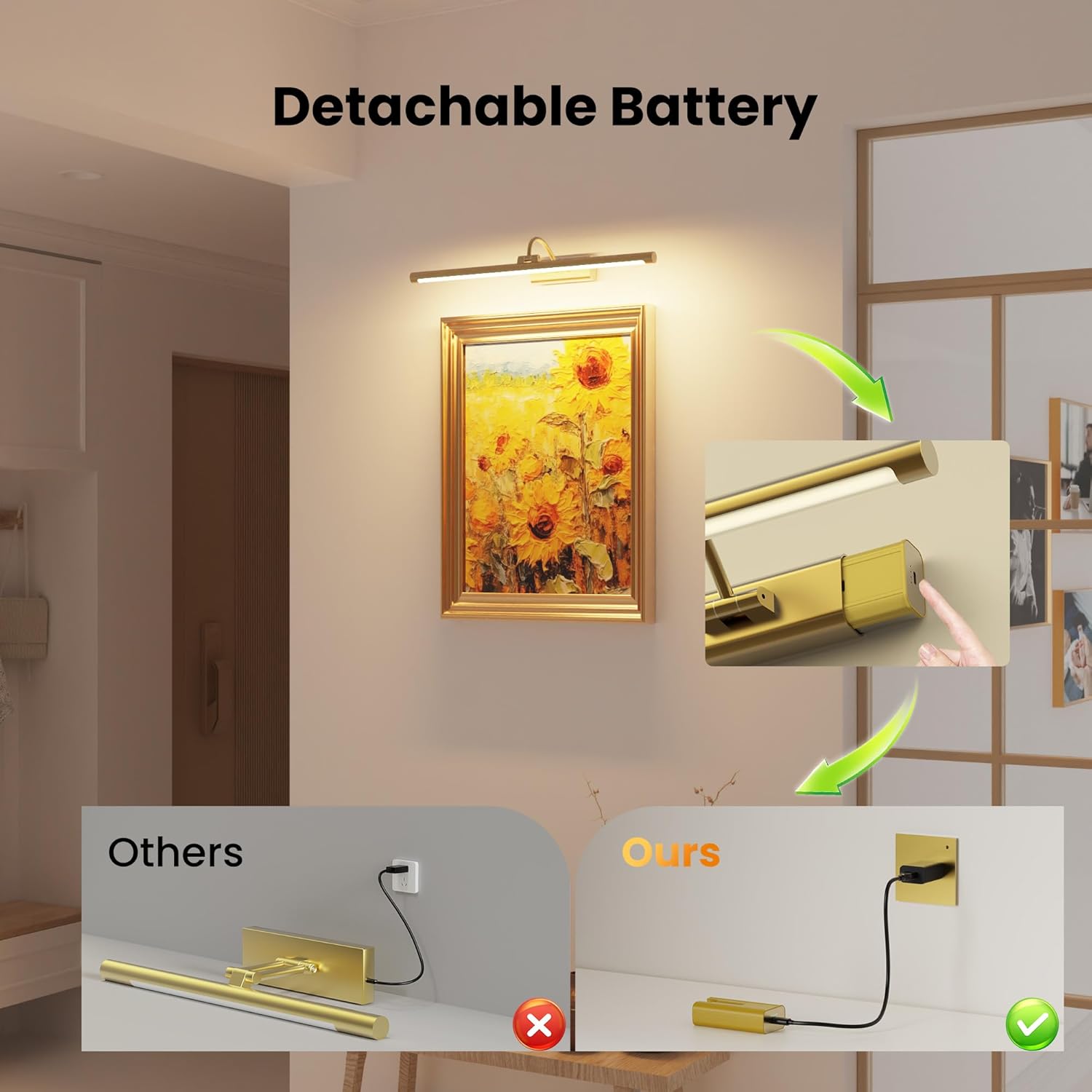 2 Pack 24" Brass Gallery Picture Lights - 8000mAh Rechargeable Battery Powered Wireless Lighting for Large Gallery, Museum & Living Room