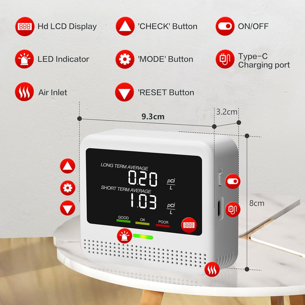 Digital Radon Detector - User-Friendly Desktop Device with HD LCD Display, 2-3 Years of Battery Life on 6-Hour Charge, 10-Year Sensor Lifespan, Perfect for Accurate Home and Office pCi/L Reading