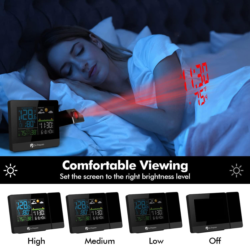 DR.PREPARE Projection Alarm Clock, Digital Clock Projector on Ceiling with Indoor/Outdoor Temperature Display, Dual Alarms, Colored Backlight, Weather Forecast, and Battery Backup for Bedroom