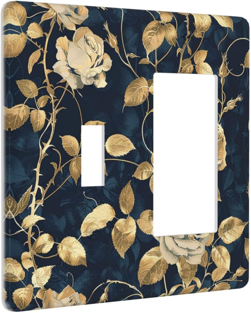Outlet Covers Boho Vintage Floral Golden Flower Dark Blue Background 1 Toggle 1 Rocker Combination Decorative Wall Plate Electrical Switch Plates Light Switch Cover Plate for Bedroom