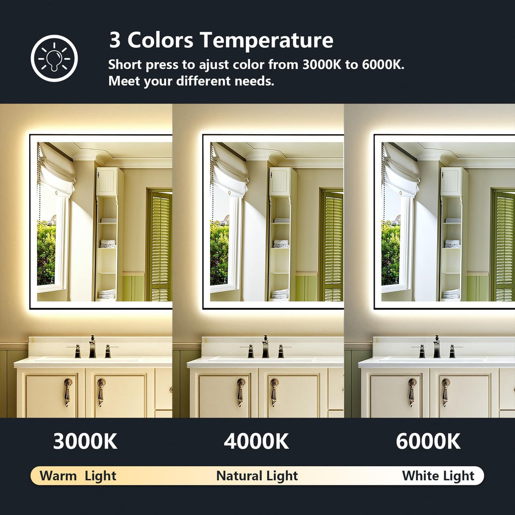 72x36 Inch LED Bathroom Mirror with Lights (Front Lit and Backlit) Black Framed Lighted Vanity Mirror for Bathroom Wall Dimmable Anti-Fog Memory Tempered Glass Horizontal/Vertical