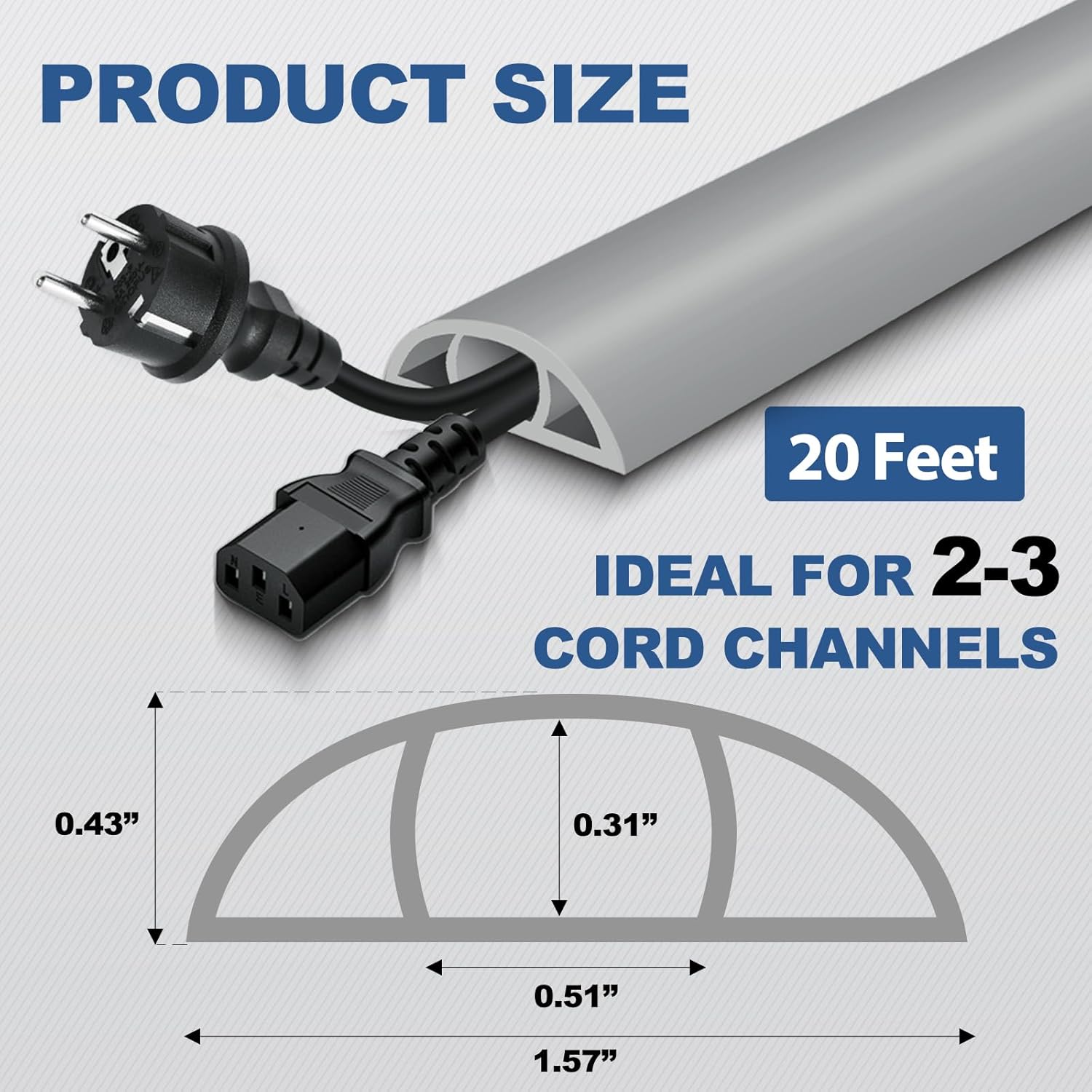 Floor Cord Cover for Wires on Floor Self Adhesive Cord Hider Floor Cable Management Wire Covers for Cords Protector Prevent Cable Trips Cord Cavity W 0.51" x H 0.31", Gray, 20Ft