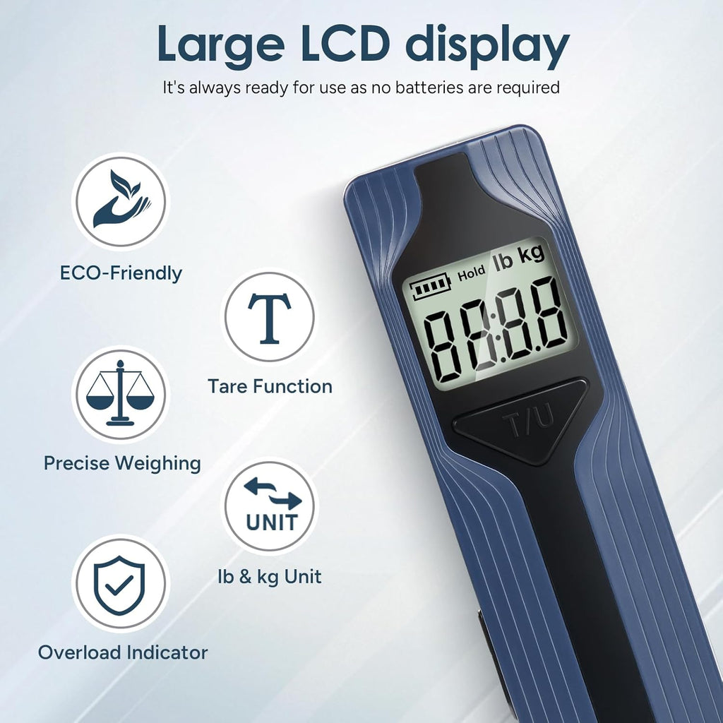 travel inspira Luggage Scale Battery-Free, Travel Essentials, Portable Handheld Digital Suitcase Weight Scale for for Travel Accessories, 110lbs/50kg (Dark Blue)