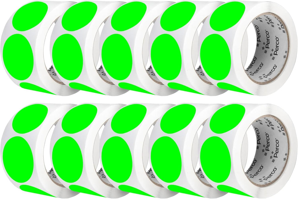 Perco Fluorescent Green 2-Inch Perforated Circle Dot Sticker Labels — 10 Rolls, 5,000 Round Stickers — with Permanent Adhesive for Organizing, Color Coding, Bin Labeling, Packaging Alerts—Made in USA