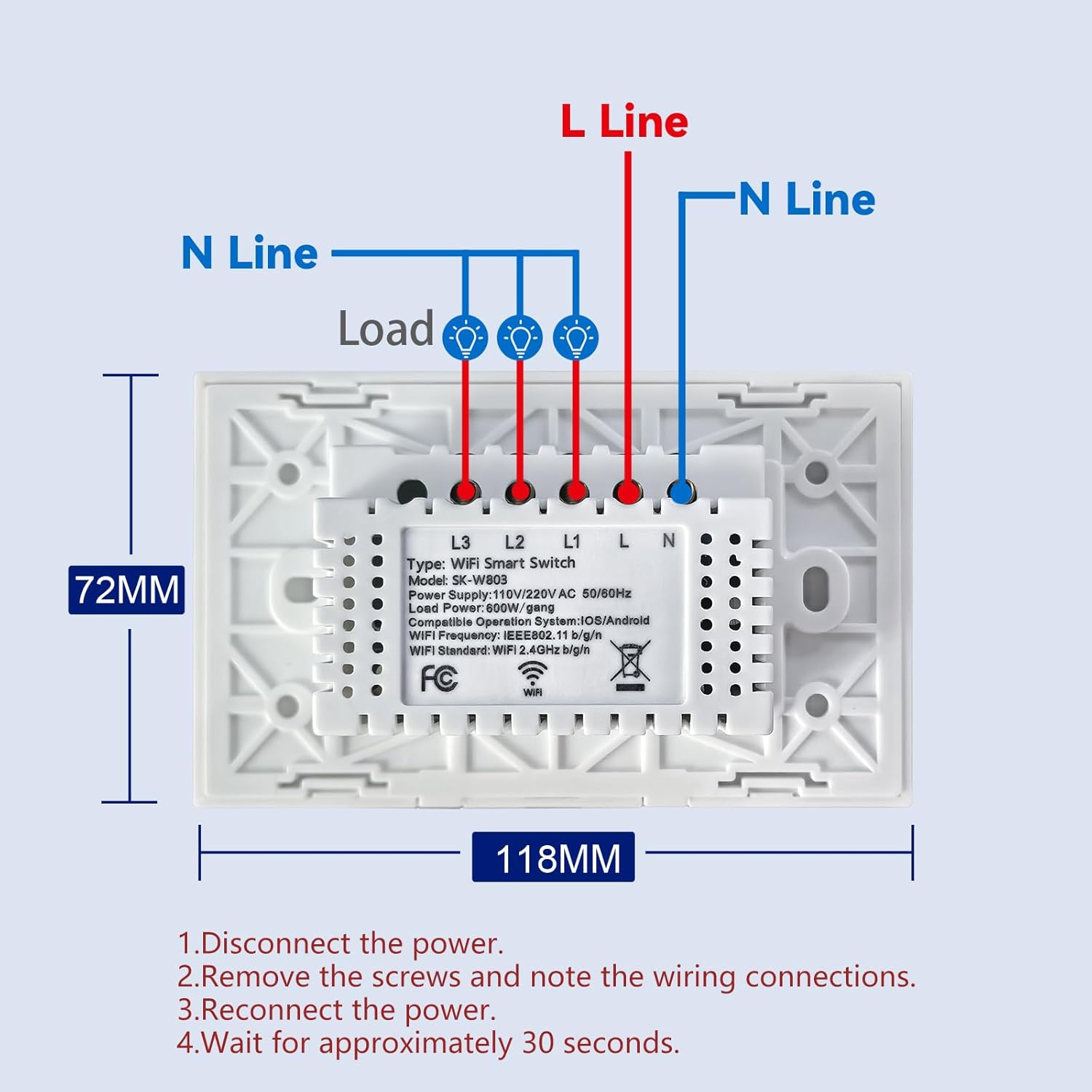 WiFi Smart Light Switch 118X72X34MM Need Neutral Wire,2.4GHz Wi-Fi Touch Switch,Work with Smart Life/Tuya App, Compatible with Alexa and Google Home, White 3 Gang