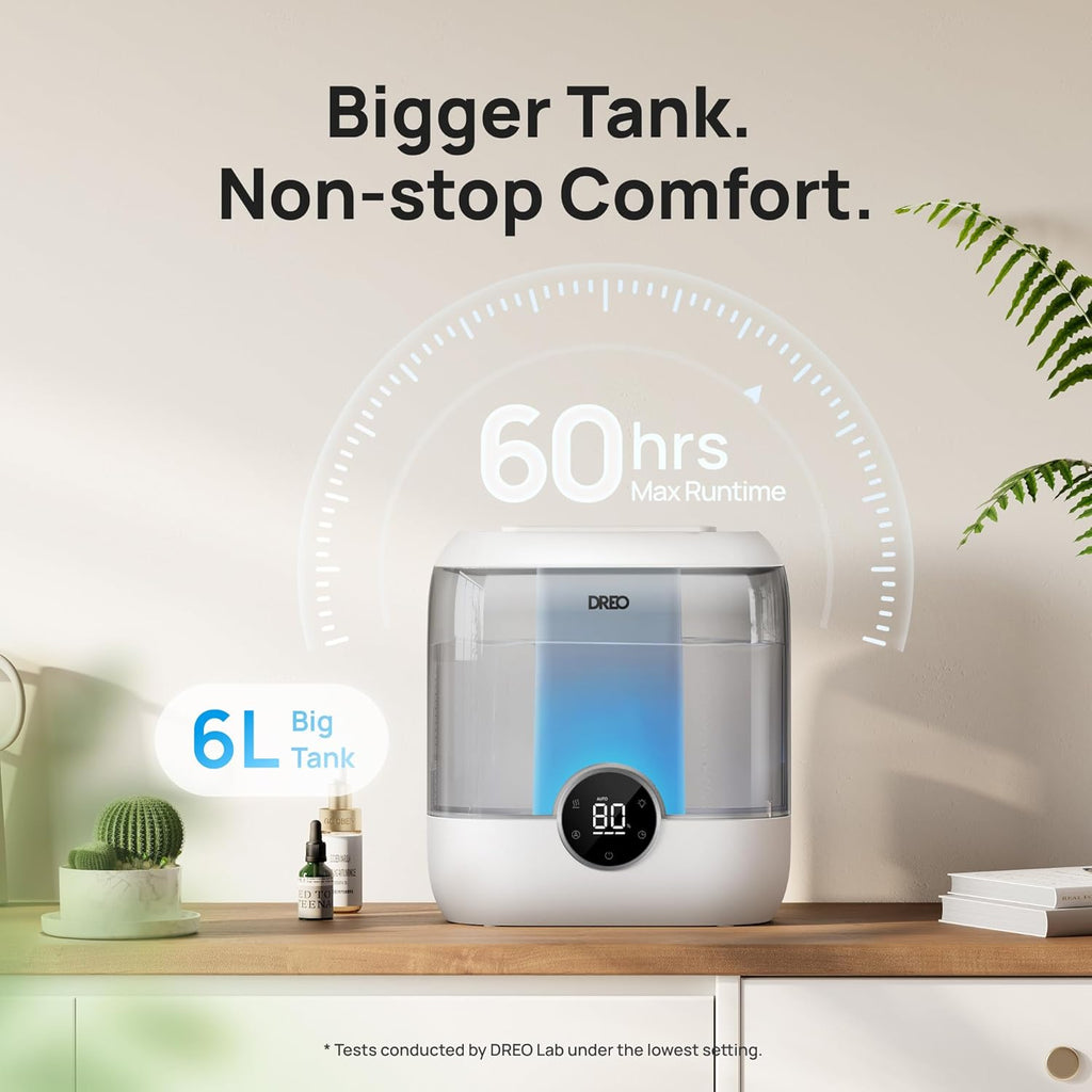 Dreo 6L Top Fill Humidifiers for Bedroom, 60H Runtime 28 dB Quiet Supersized Cool Mist Air Humidifiers for Large Room, Baby Nursery, Plant, Indoor, Night Light, Easy to Clean, Precise Humidity Control