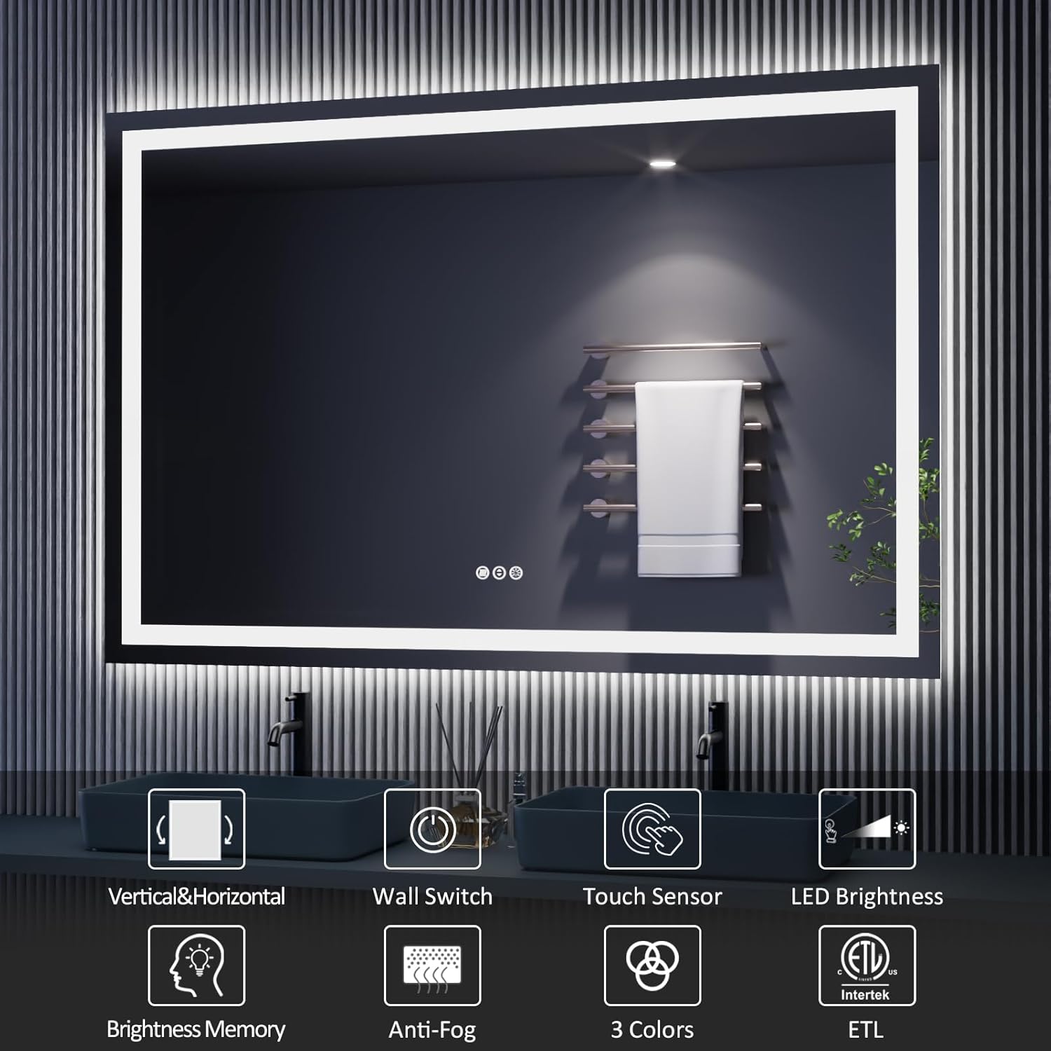 Amorho LED Bathroom Mirror, 68" X38" with Front and Backlight, Stepless Dimmable Wall Mirrors with Anti-Fog, Shatter-Proof, Memory, 3 Colors, Double LED Vanity Mirror