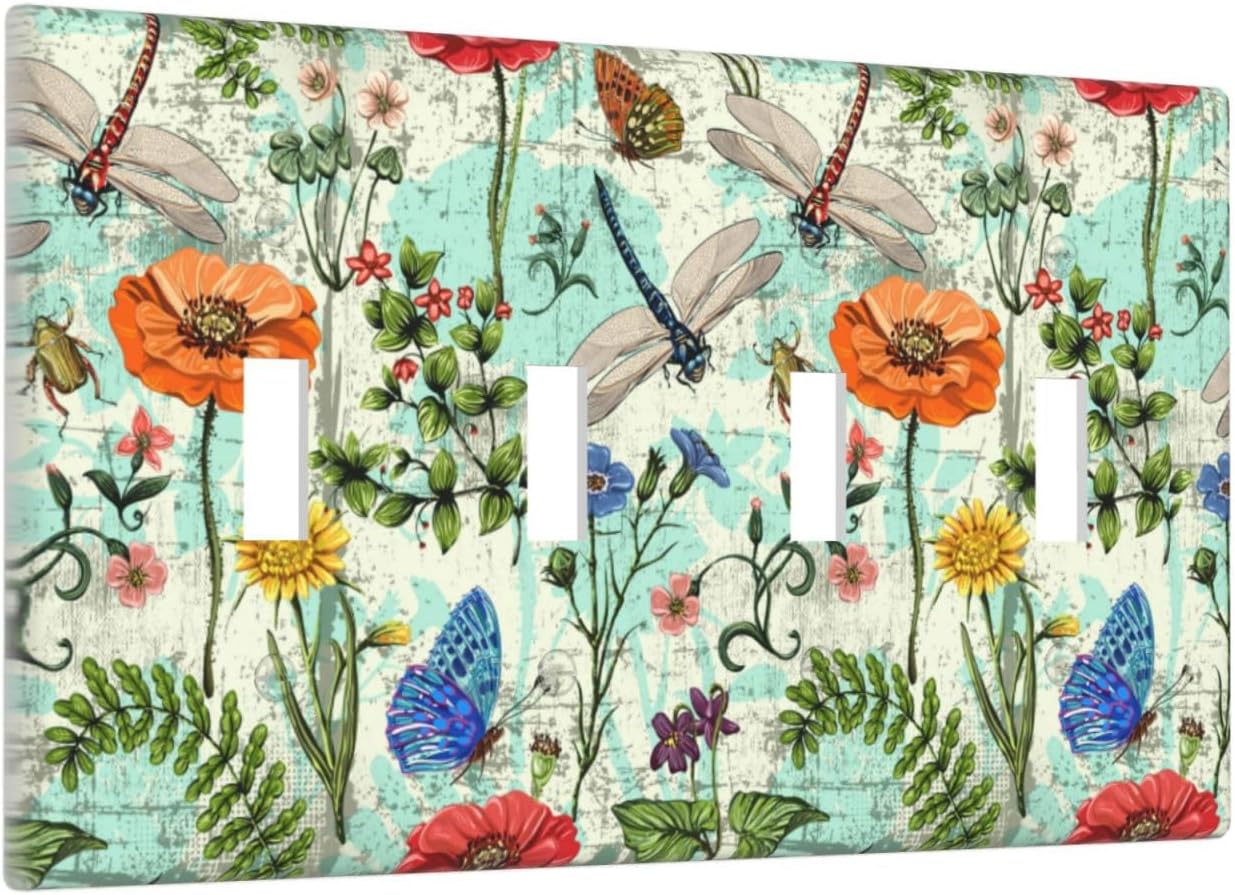 Dragonflies Flowers Butterfly 4 Gang Quad Toggle Outlet Light Switch Cover Decorative Wall Plate Cover For Home Living Bedroom Kitchen Decorative