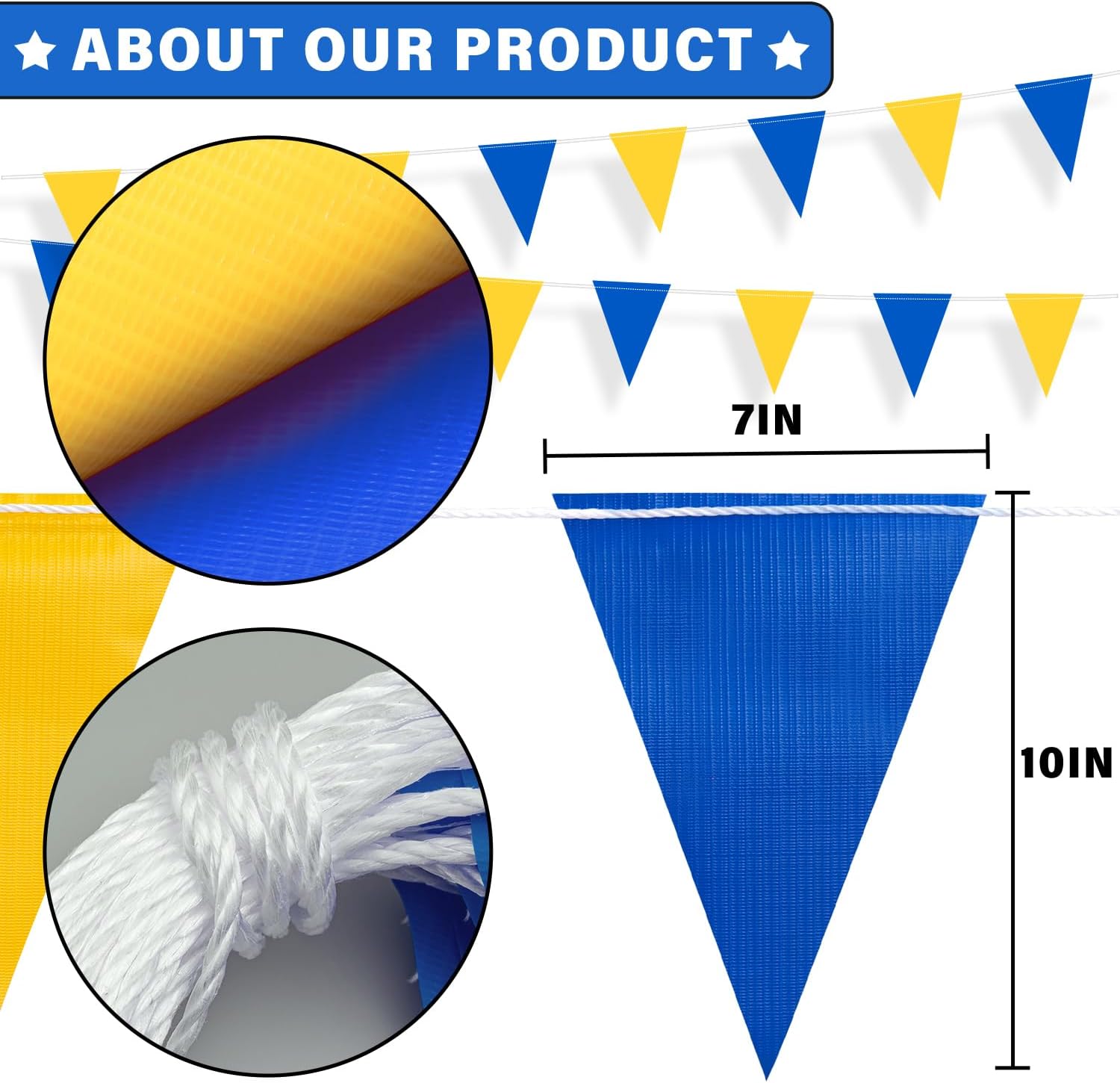 105ft Blue and Yellow Pennant Banner Flag, 7"x10" Fluorescent Safety Flagging Banner Warning Flag for Construction Site/Boundary Barrier Signs, Perimeter Marking Flags on String, 45 Flags