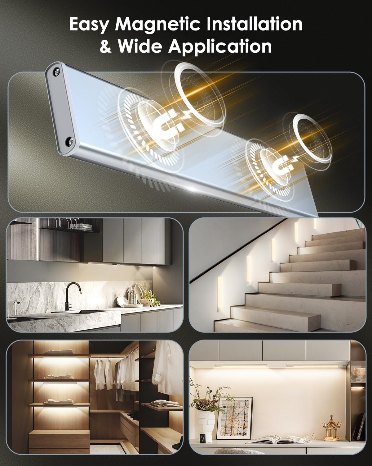 VerRon 10in Under Cabinet Lighting, Upgraded 2200mAh Rechargeable Under Cabinet Lights Wireless, LED Motion Sensor Light Indoor Closet Lights Under-Counter Light Fixtures for Kitchen, Hallway, 2-Pack