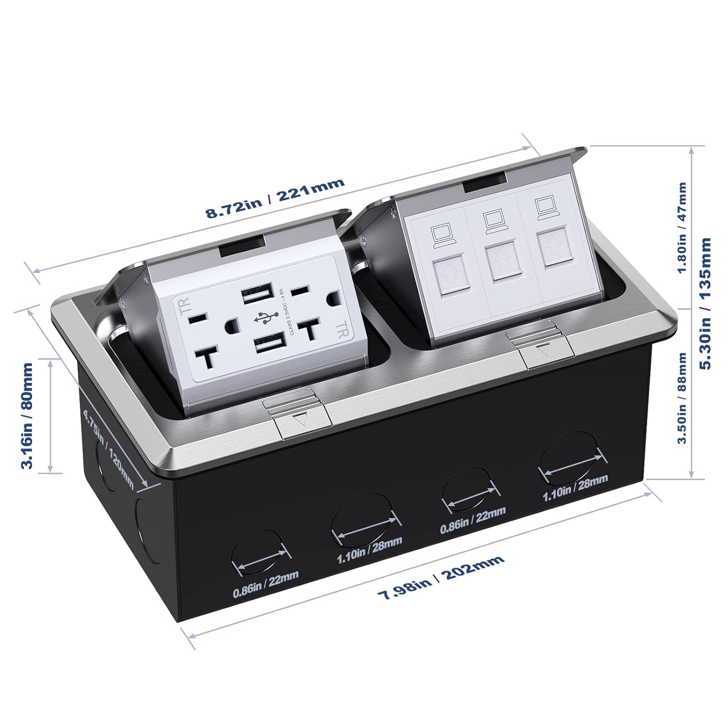 KYHSHJ Dual Pop-Up Floor Electrical Outlet Box Kit，20 Amp Stainless Steel USB TR Receptacle Outlet，3-Port RJ45 Datacom Receptacle，Waterproof Gasket with IP44 Waterproof Rating，ETL Listed, Silver